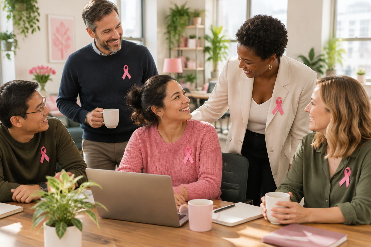 Équipe de travail portant le ruban rose dans un espace de travail lumineux